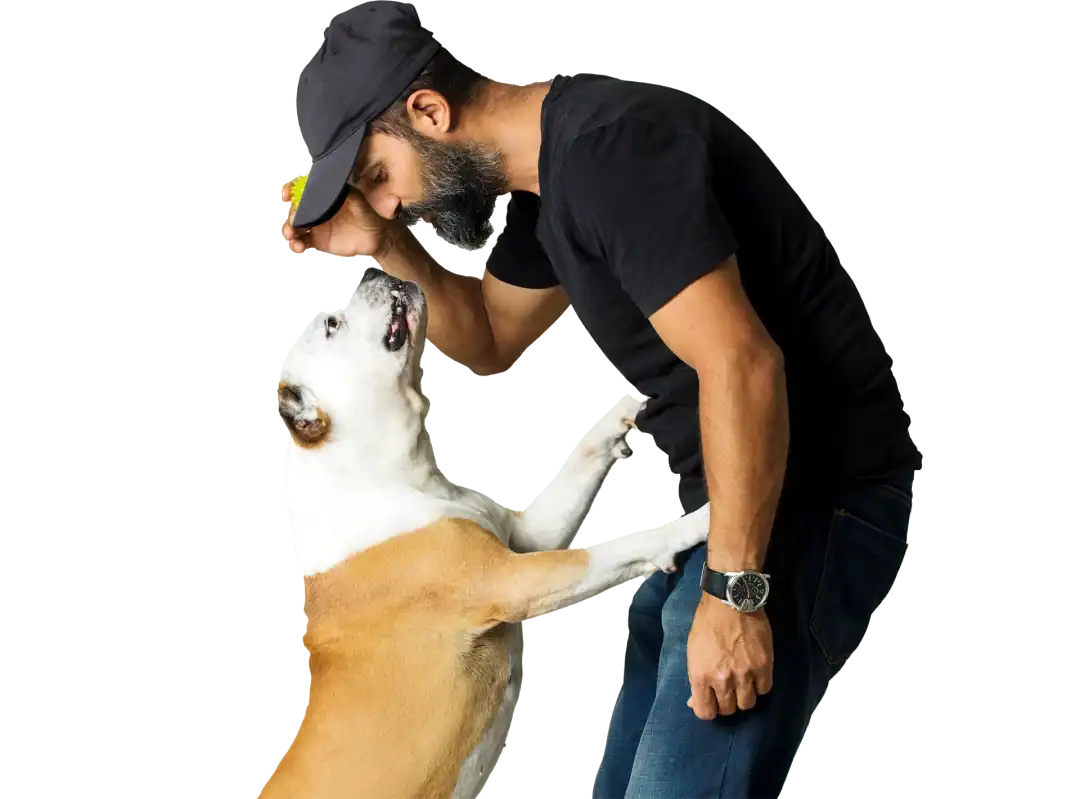 Dog and owner playing together, showcasing the loving environment at Peggy Adams Animal Rescue.