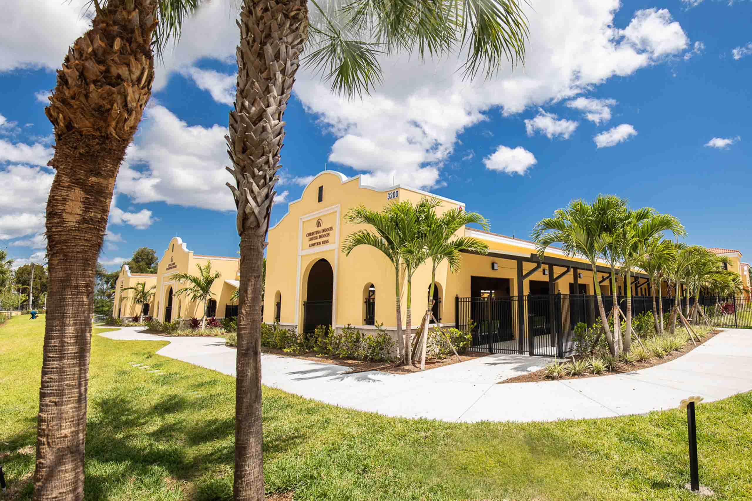 Animal shelter building with palm trees and clear blue sky at Peggy Adams.
