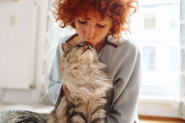 Una adolescente pelirroja abraza y besa a un gato Maine Coon que ronronea, sentada en el suelo cerca de la ventana de su casa.