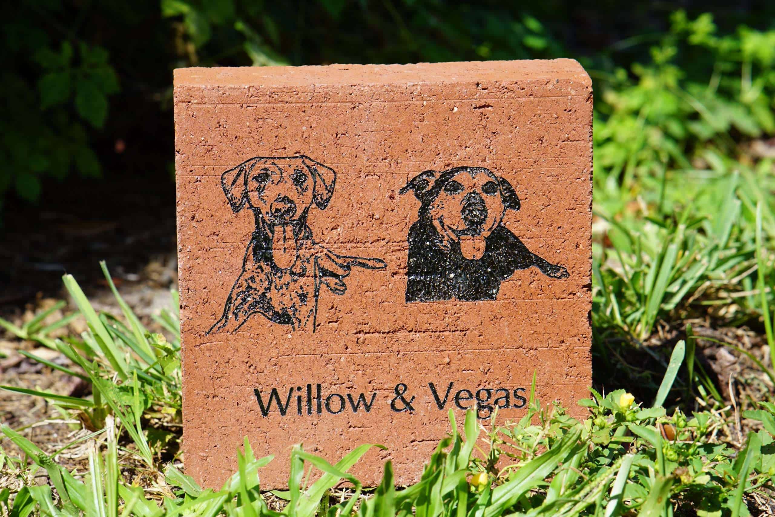 Dog memorial brick with engraved images of two dogs, Willow and Vegas, on a brick in a garden.