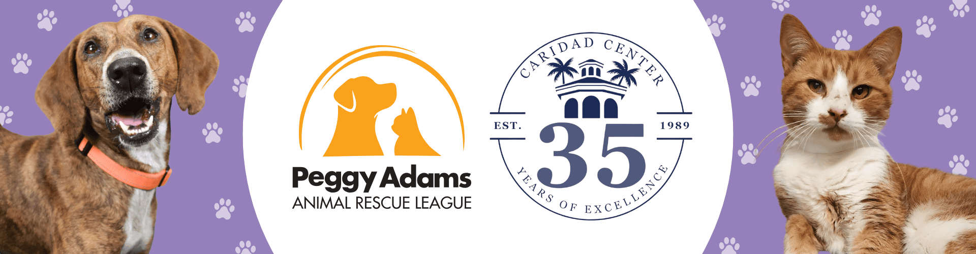 Logotipo de Peggy Adams que incluye el emblema del 35.º aniversario y un perro y un gato.