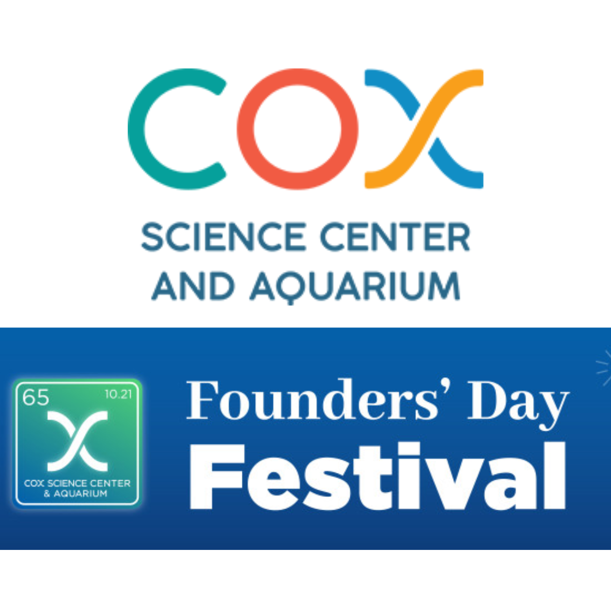 Promo image with the Cox Science Center logo and Founders Day Festival text on Blue