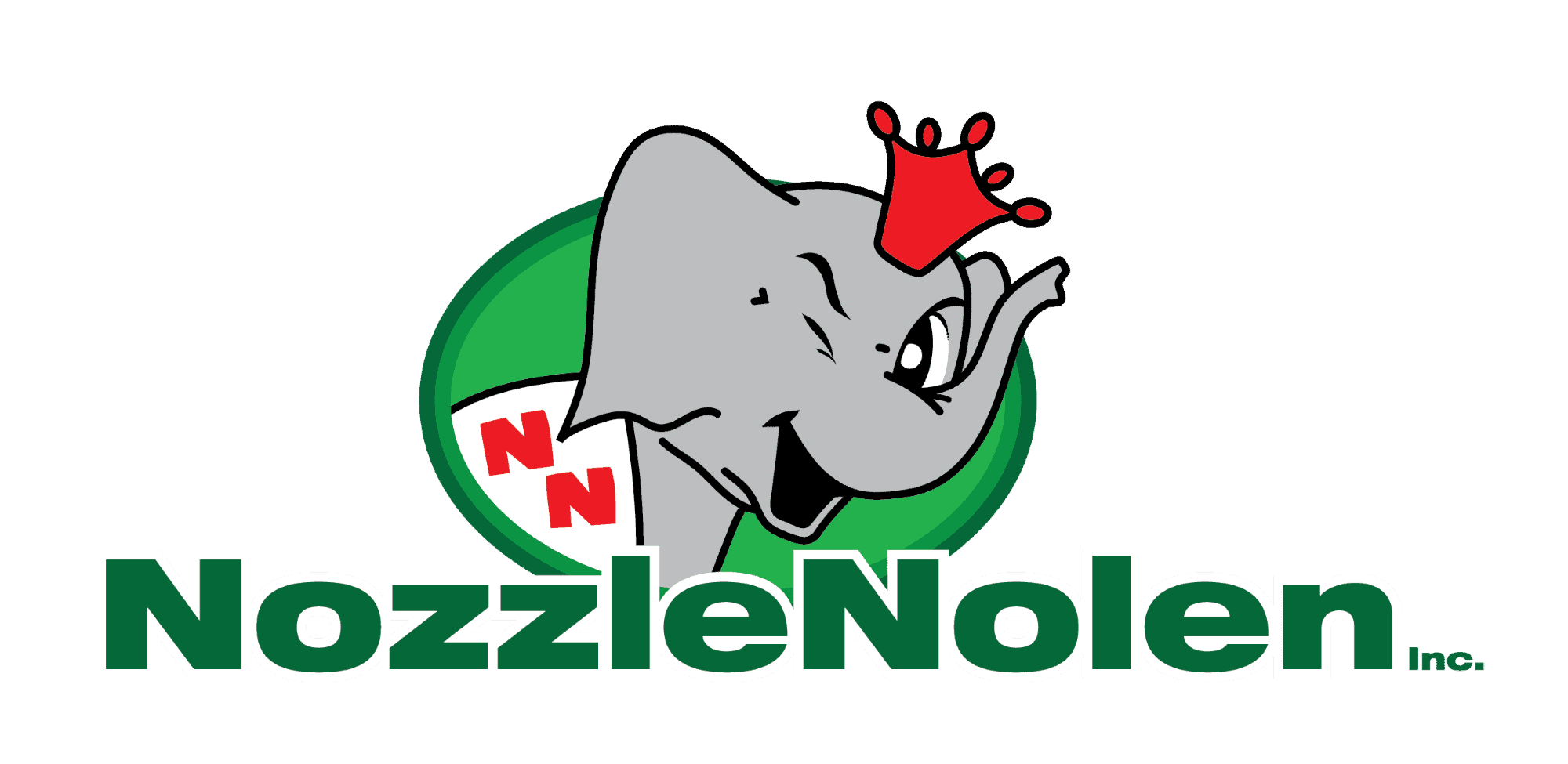 Friendly cartoon elephant logo with a red spray nozzle on its trunk for NozzleNolen pest control.