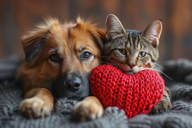 Dog puppy and cat lying with knitted red hearts