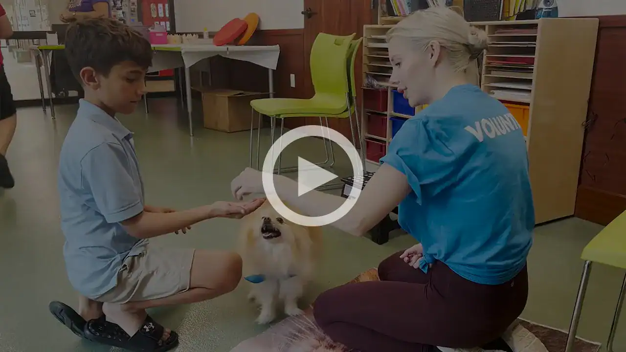 A young boy and a volunteer interact with a therapy dog during a pet therapy session at Peggy Adams.