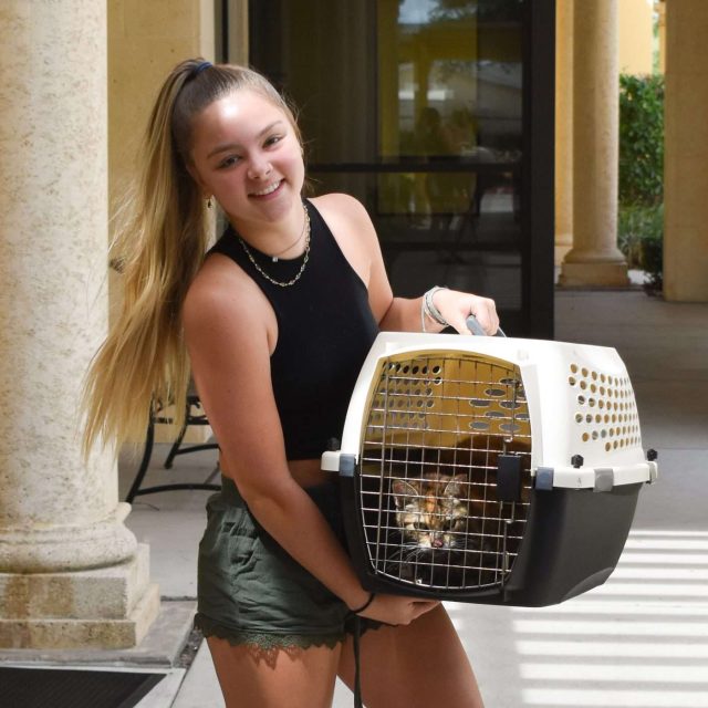 Girl with long blonde hair carrying a pet carrier with a cat inside.