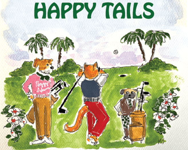 Happy Tails en Peggy Adams con perros jugando al golf al aire libre.