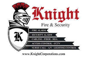 Logotipo de Knight Fire & Security con casco de caballero y texto.