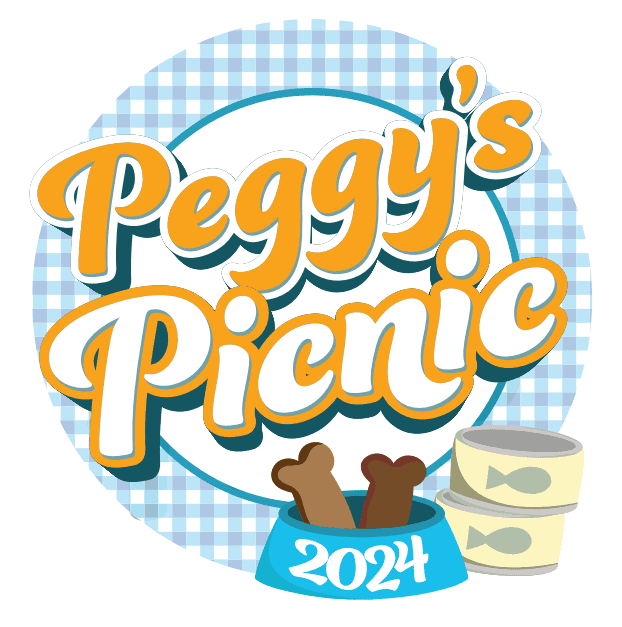 Logotipo de Peggy's Picnic 2024 con comida para perros y latas, diseño colorido.
