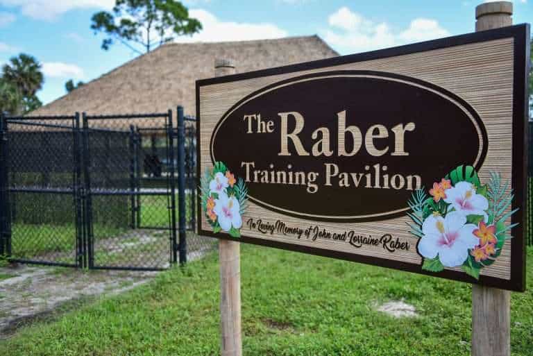Sign for The Raber Training Pavilion at Peggy Adams Animal Rescue.