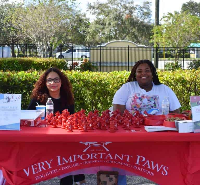 Dog adoption event table with volunteers and supplies.