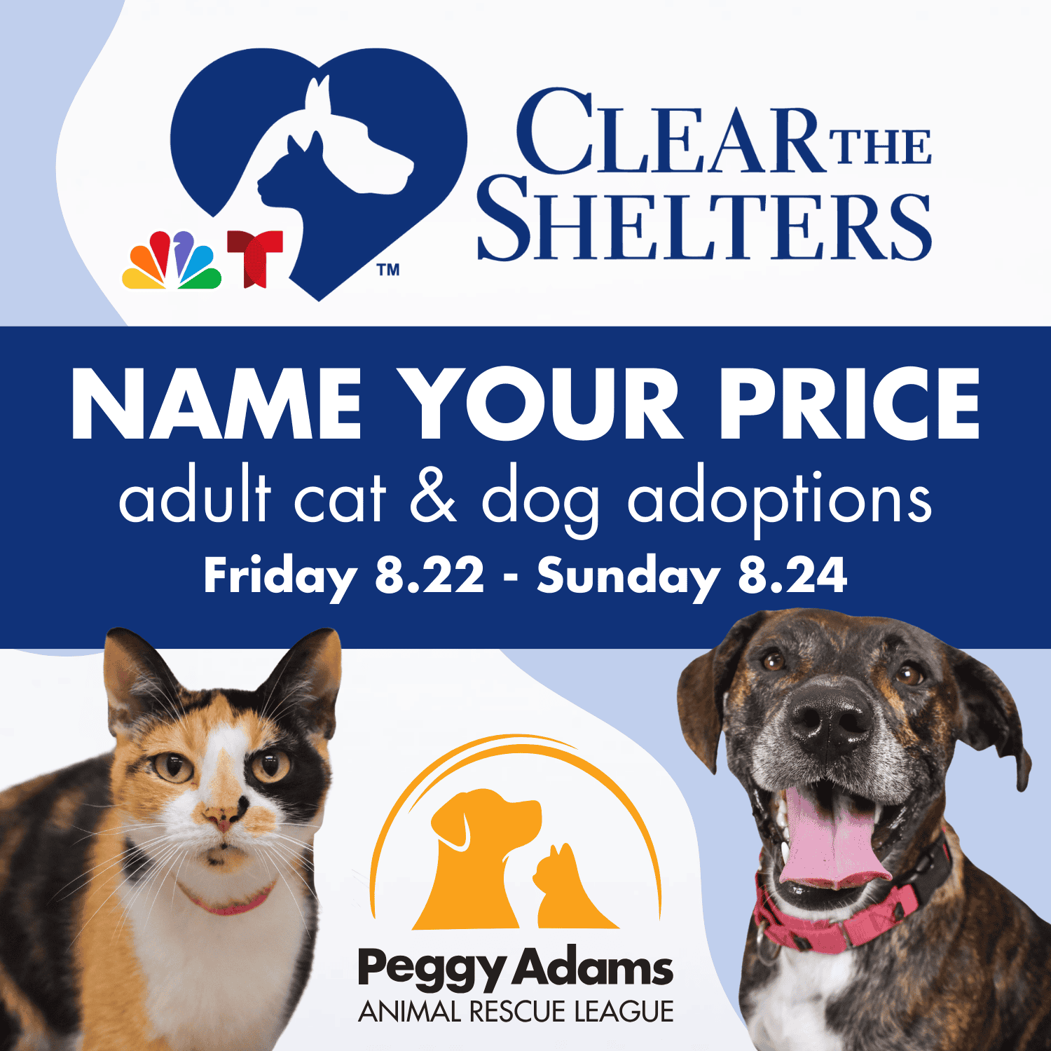 Adopta gatos y perros de Peggy Adams Animal Rescue League durante el evento "Clear the Shelters", el 22 de agosto.
