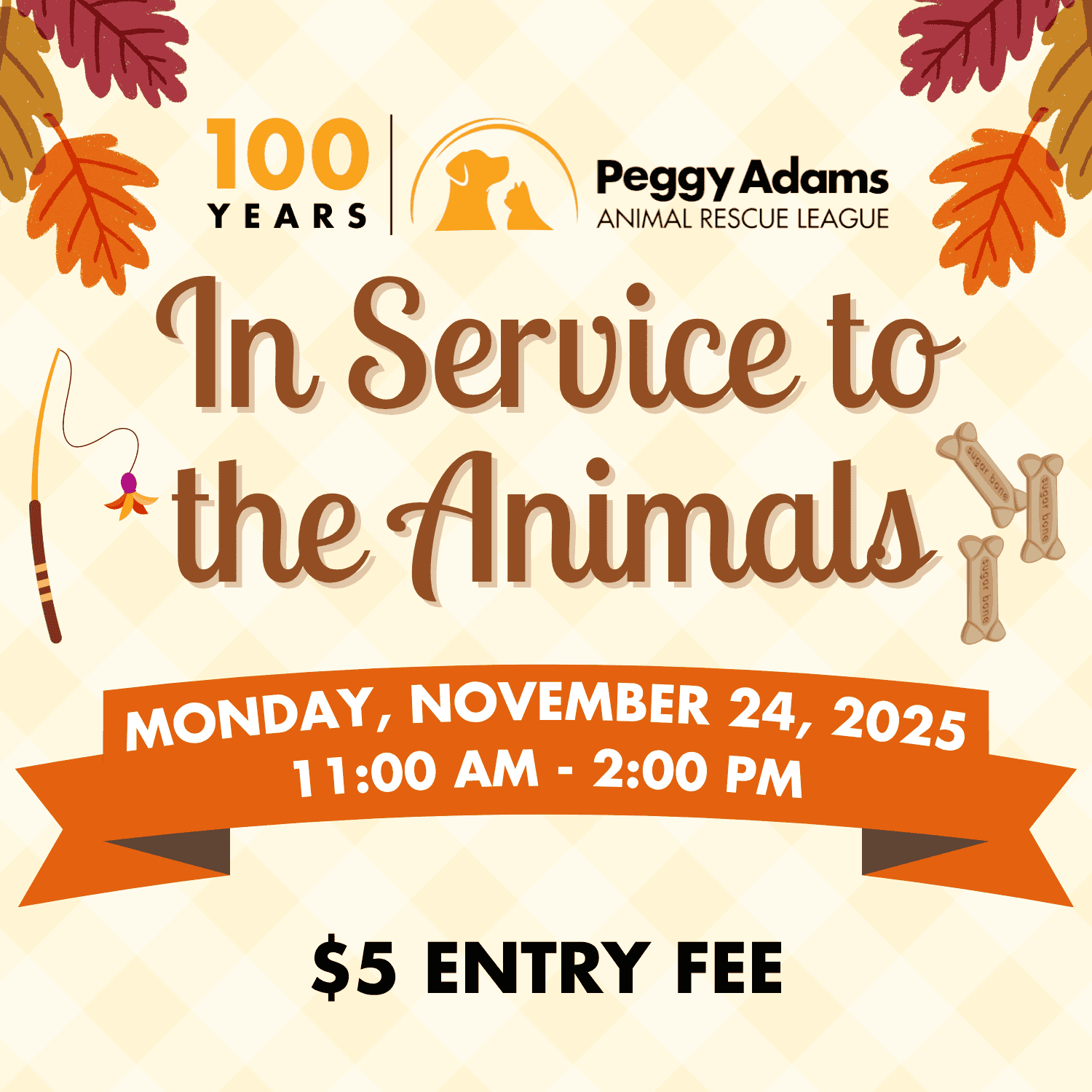 Evento de adopción de animales y cuidado comunitario de mascotas el 24 de noviembre de 2025, de 11:00 AM a 2:00 PM.