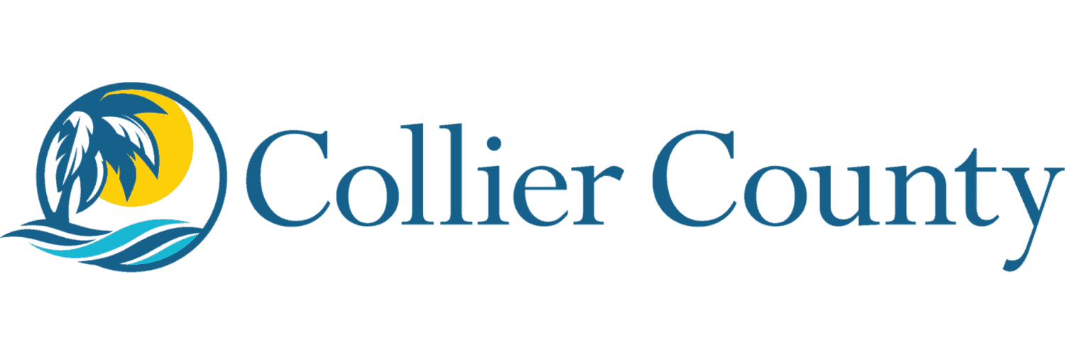 Logotipo del gobierno del condado de Collier con palmeras y elementos de agua.