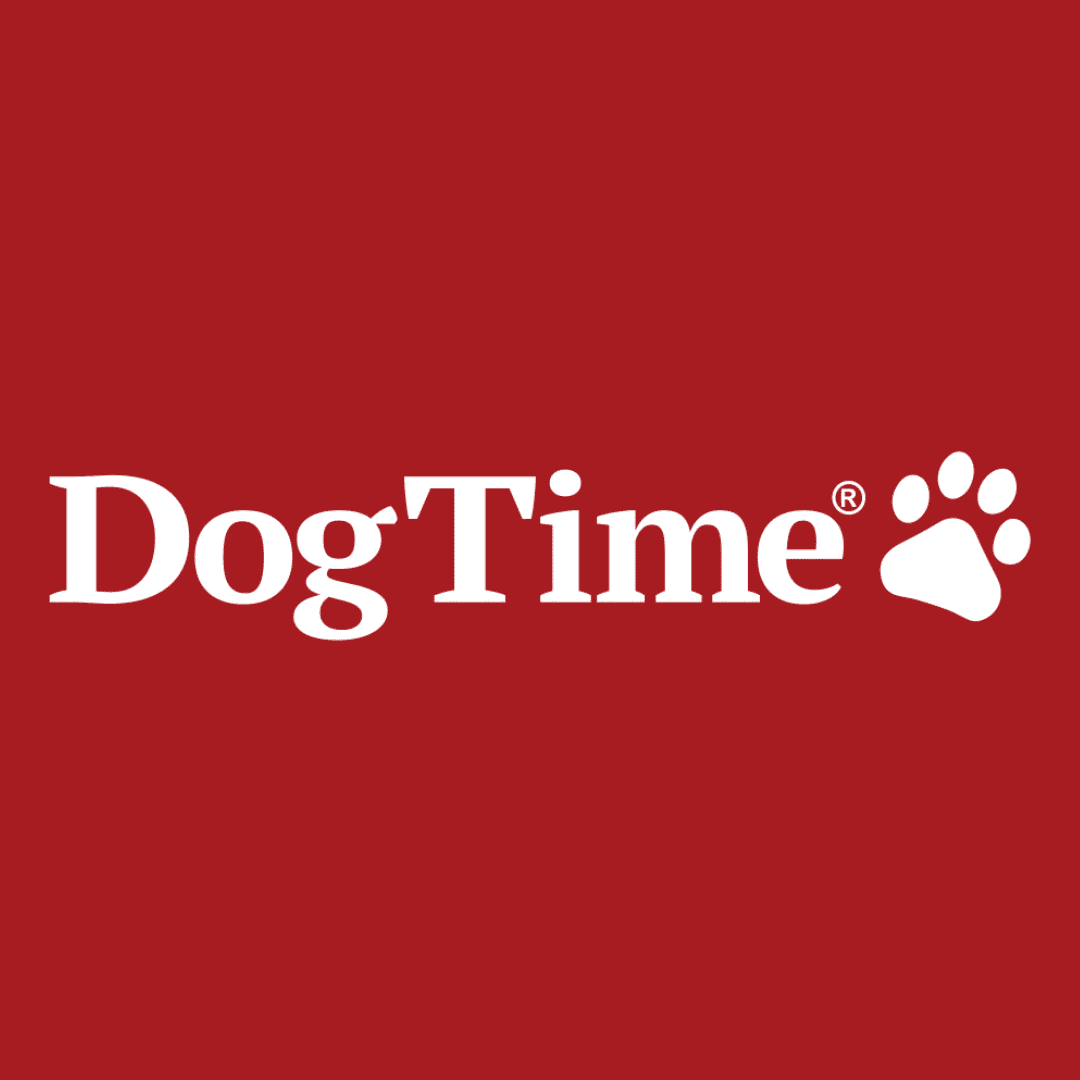 DogTime logo with paw print on red background, representing pet care.