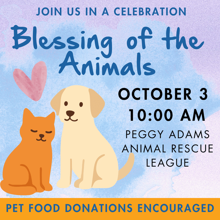 Pet blessing event with dog and cat illustration for Peggy Adams Animal Rescue.